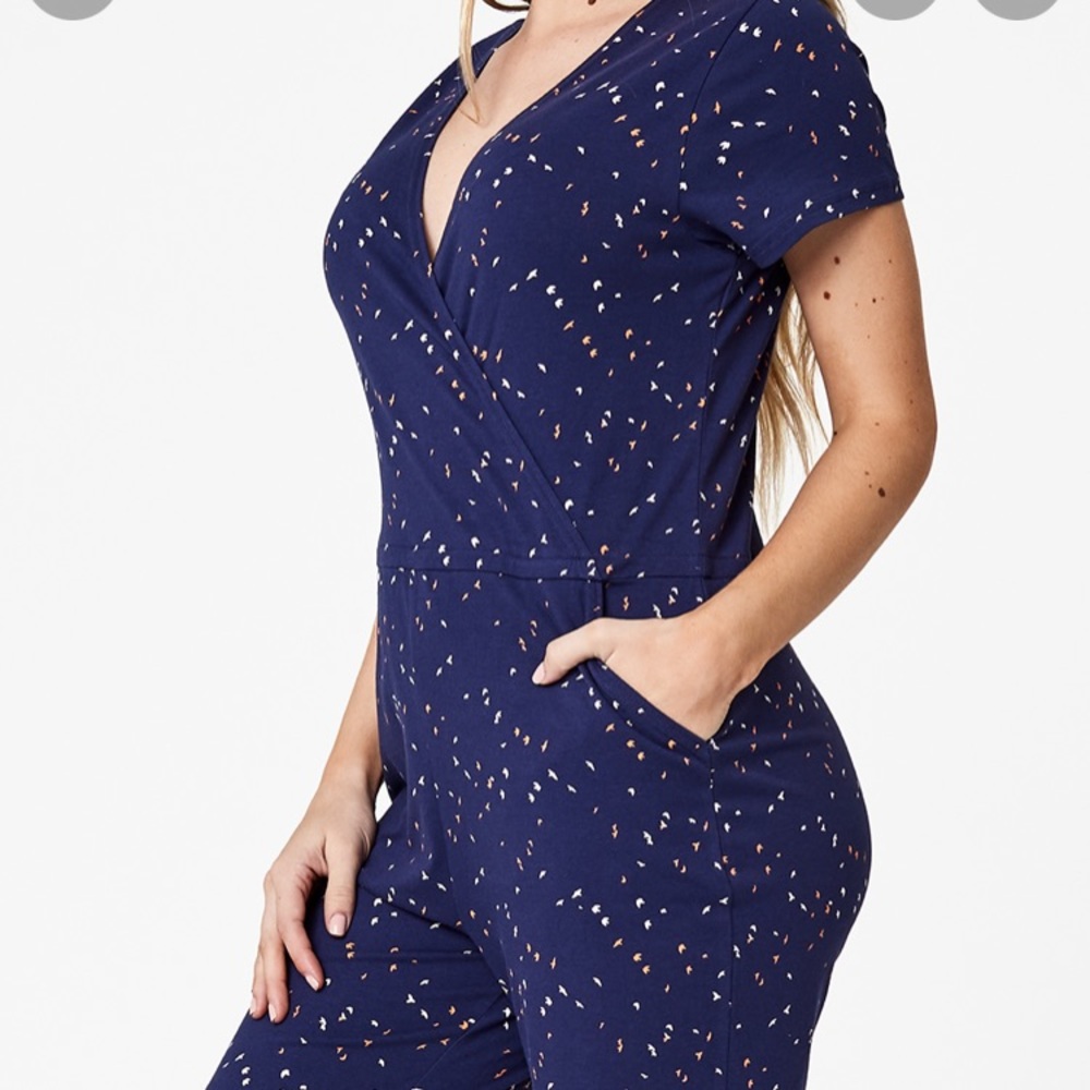Pact Organic Wrap Front Cotton Blue Bird Jumpsuit EUC
